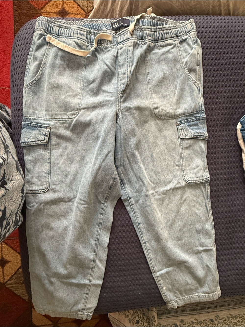 Light Wash Cargo Jogger Pants - Elastic Waist